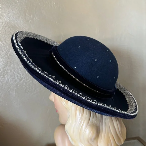 ENCHANTING 1970s' NAVY WIDE BRIM FELT HAT + PEARLS/BEADS/GLITTER & LARGE JEWEL